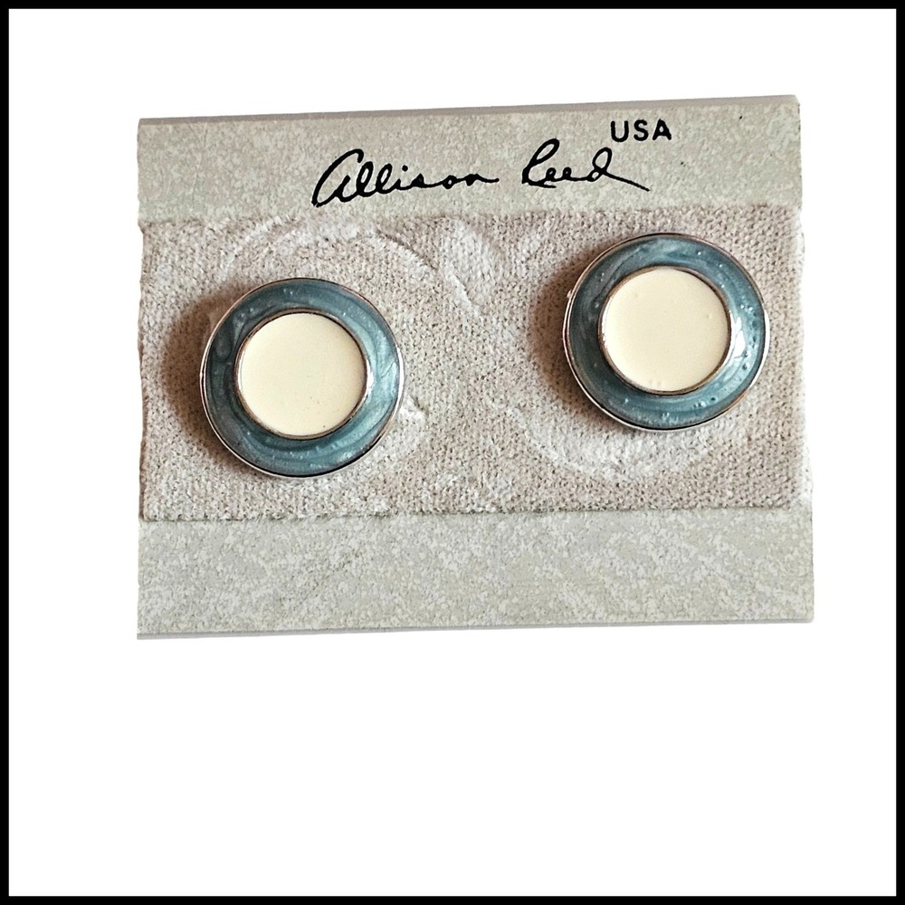Vintage ALLISON REED Light Blue Stud Round White Shimmer PIERCED EARRINGS New